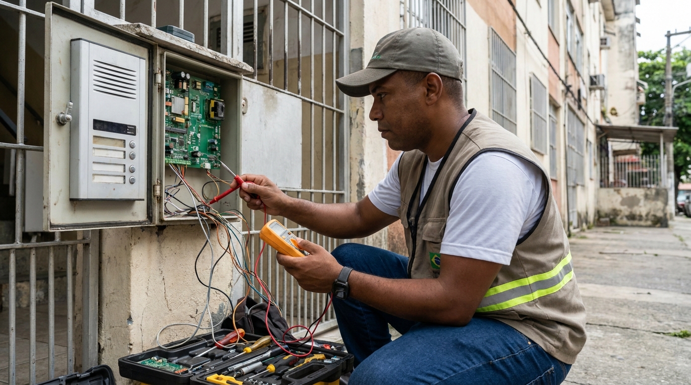 Eletricista consertando interfone em Maceió‑AL