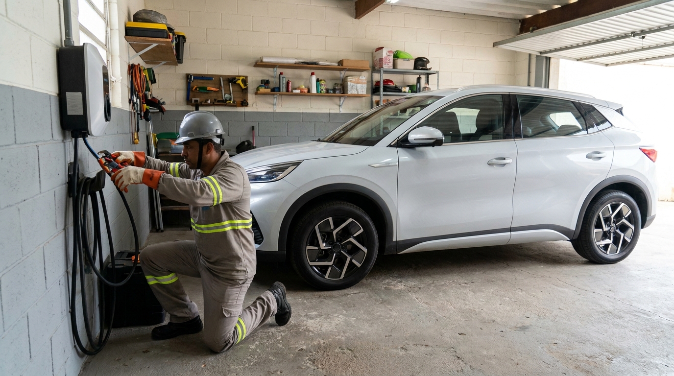 Eletricista instalando carregador de carro eletrico em Maceió‑AL