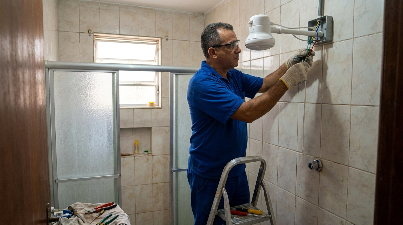 Eletricista instalando chuveiro eletrico em Maceió‑AL