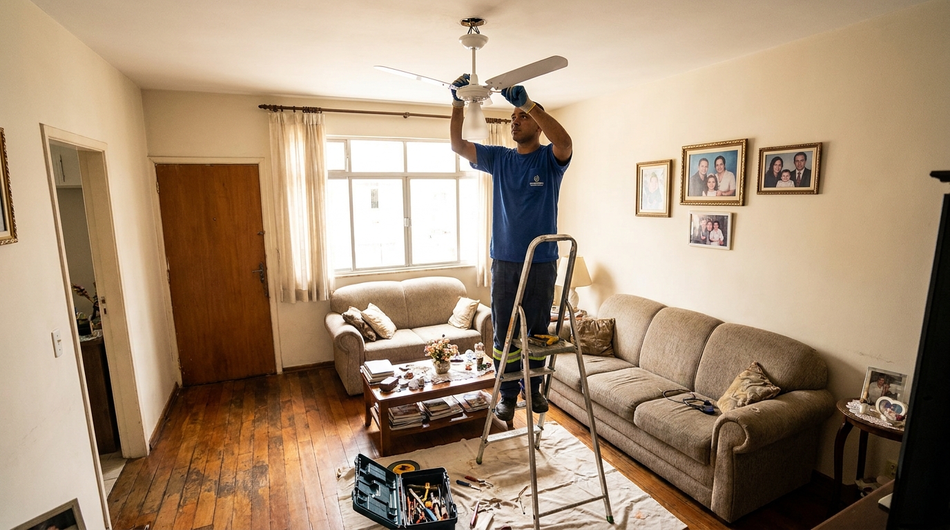Eletricista instalando ventilador de teto em Maceió‑AL